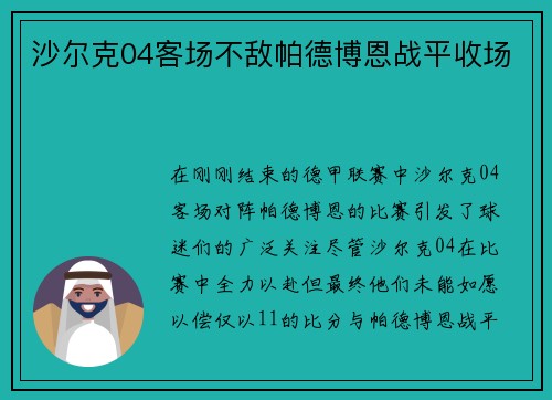 沙尔克04客场不敌帕德博恩战平收场